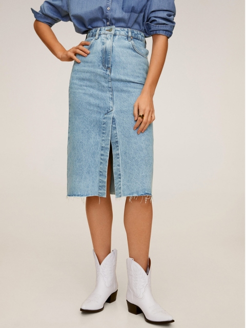 MANGO Women Blue Washed Denim Straight Sustainable Skirt