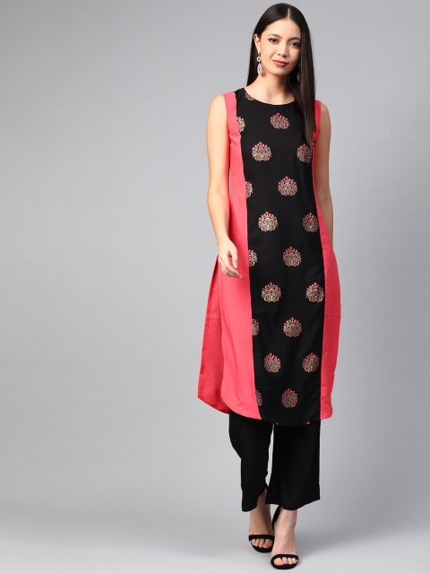 ZIYAA Women Black & Coral Pink Printed Kurta with Palazzos