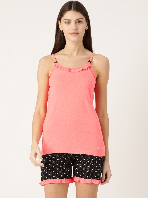 Kanvin Women Coral Pink & Black Solid Night suit
