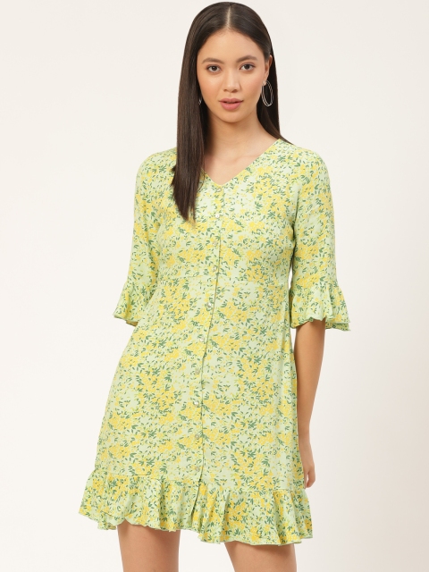 ONLY Women Green & Yellow Floral Printed A-Line Dress