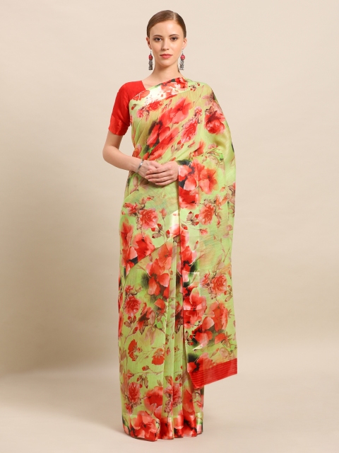 Kvsfab Green & Red Linen Blend Printed Saree
