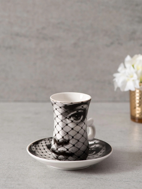 THEDECORKART Set Of 6 Black & White Printed 'The Woman' Demitasse Cups & Saucers