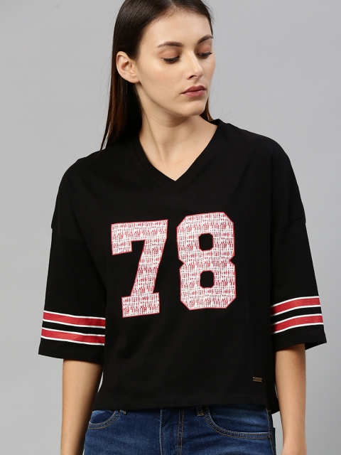 Roadster Women Black Printed V-Neck T-shirt