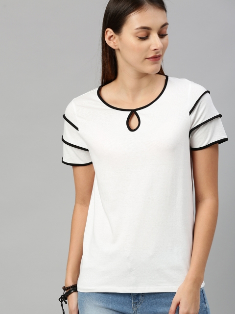 Roadster Women White Solid Layered Sleeved Pure Cotton Top