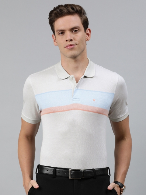 Louis Philippe Men White Blue Striped Polo Collar Pure Cotton T-shirt