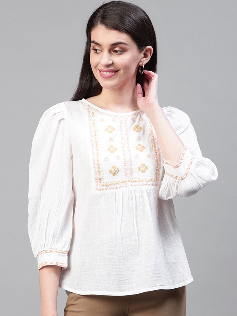 SCOUP Women White & Mustard Yellow Crinkled Yoke Design Embroidered Puff Sleeves Pure Cotton Top
SCOUP Women White & Mustard Yellow Crinkled Yoke Design Embroidered Puff Sleeves Pure Cotton Top