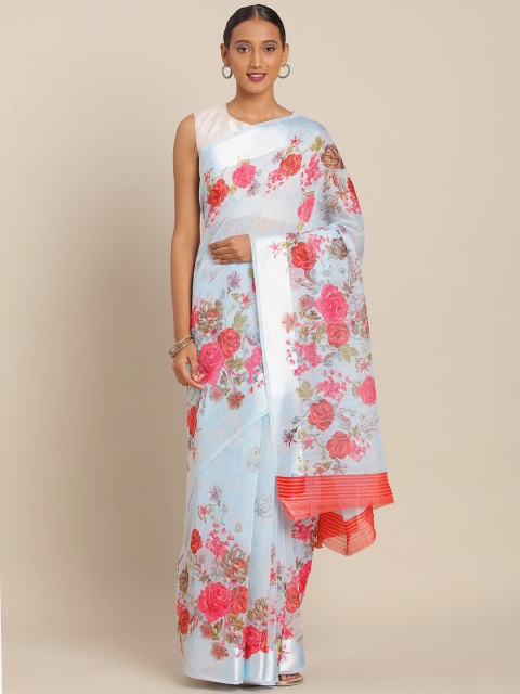 KALINI Blue & Red Linen Blend Floral Printed Saree