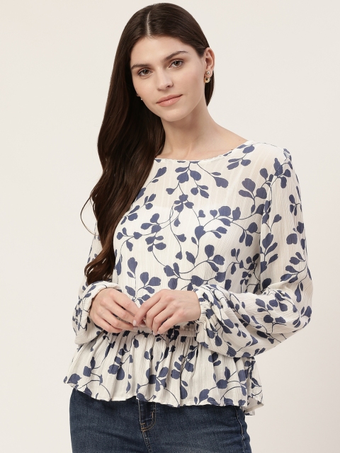 Marks & Spencer Women Off-White & Blue Floral Print Cinched Waist Top