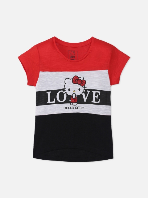 Kids Ville Girls Black Hello Kitty Printed Round Neck T-shirt
