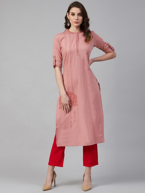 Yufta Women Dusty Pink Solid Straight Kurta
