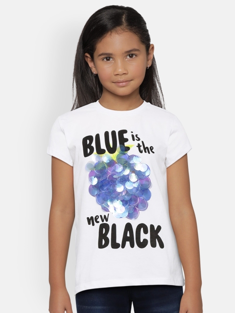 United Colors of Benetton Girls White & Blue Printed & Sequinned Round Neck T-shirt