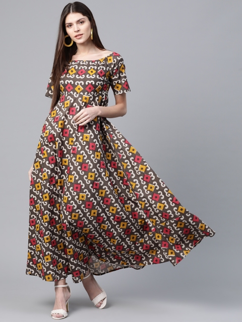 AKS Women Brown & Red Ethnic Printed Maxi Dress