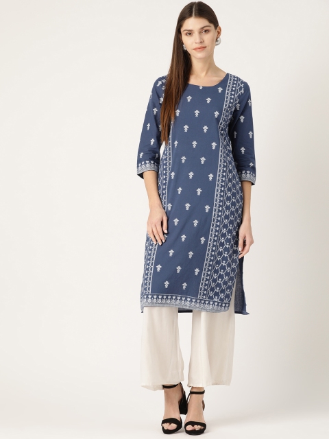 HERE&NOW Women Navy Blue & Off-White Printed Straight Kurta