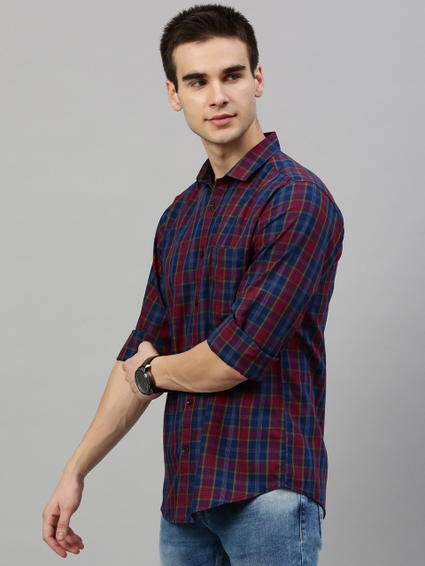 Mast & Harbour Men Navy Blue & Burgundy Slim Fit Checked Casual Shirt