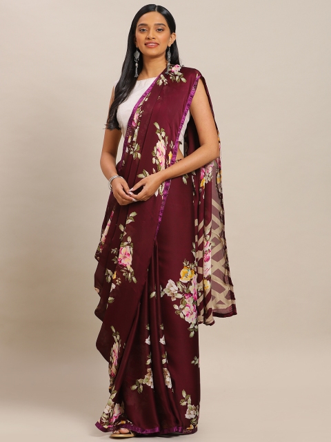 Mitera Burgundy & Pink Art Silk Printed Mysore Silk Saree