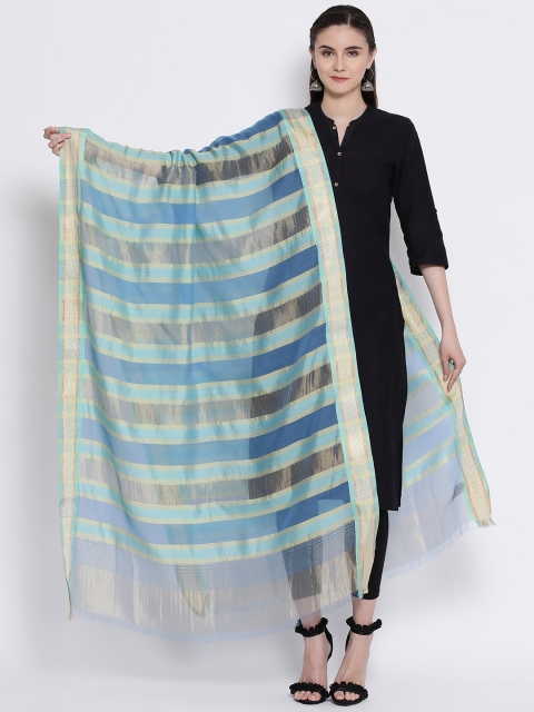 SHINGORA Blue & Gold-Coloured Striped Antimicrobial Sustainable Dupatta