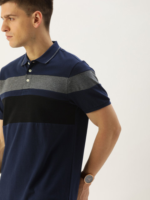 INVICTUS Men Navy Blue Black Colourblocked Polo Collar Pure Cotton T-shirt 
INVICTUS Men Navy Blue Black Colourblocked Polo Collar Pure Cotton T-shirt