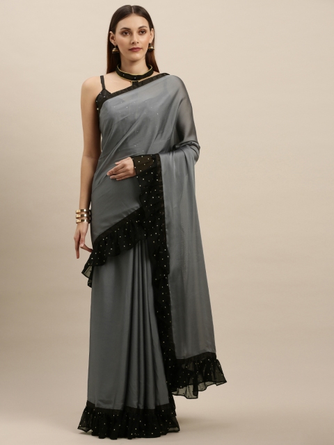 SHAVYA Grey & Black Silk Blend Solid Ruffles Saree
