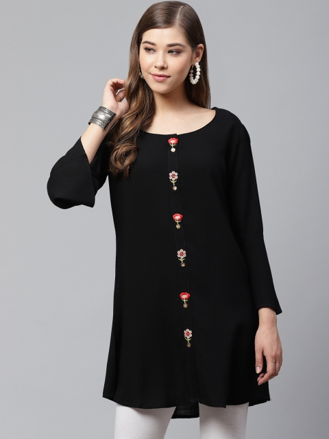 Cayman Women Black Solid Pure Cotton A-Line Kurti