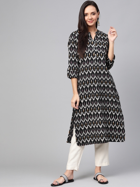 Sangria Women Black & Off-White Ikat Printed Straight Kurta