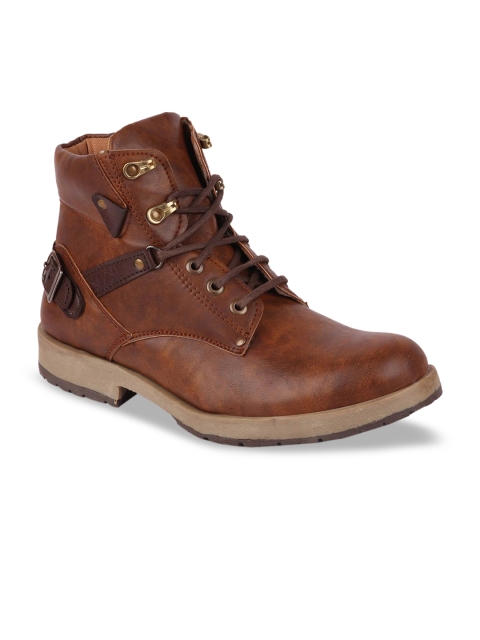 FAUSTO Men Tan Brown Solid Leather Mid-Top Flat Boots