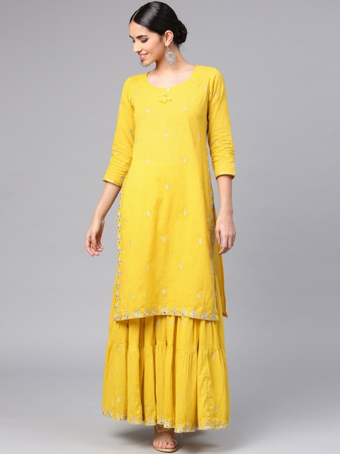 Ishin Women Mustard Yellow Embroidered Kurta with Sharara