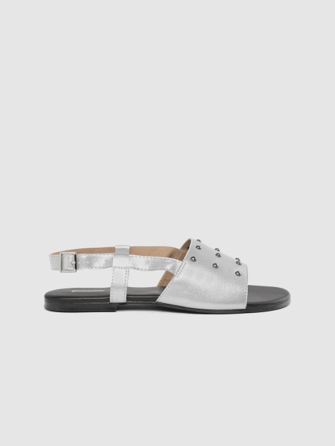 Roadster Women Silver-Toned & Gunmetal-Toned Studded Open Toe Flats