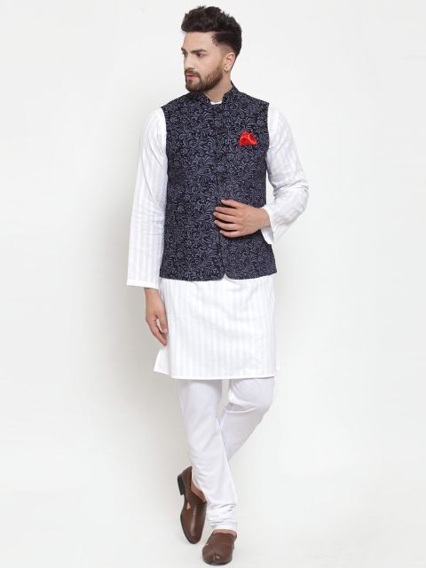 NEUDIS Men White & Navy Blue Solid Handloom Kurta with Churidar & Nehru Jacket
NEUDIS Men White & Navy Blue Solid Handloom Kurta with Churidar & Nehru Jacket