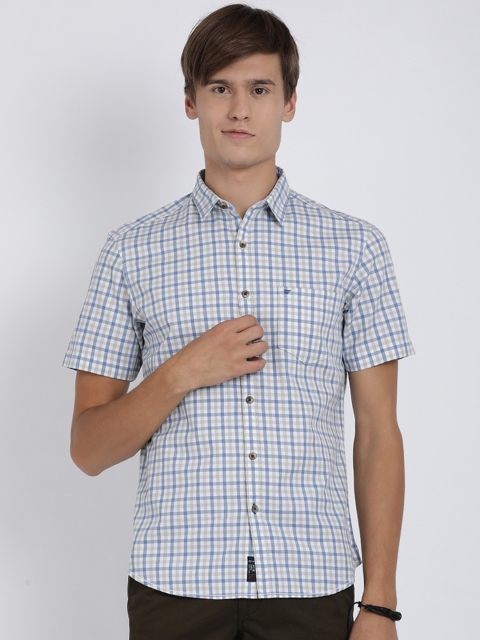 t-base Men White & Blue Regular Fit Checked Casual Shirt