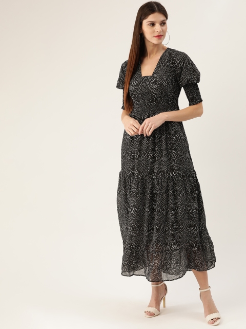 QUIERO Women Black & White Printed Smocked Tiered Maxi Dress