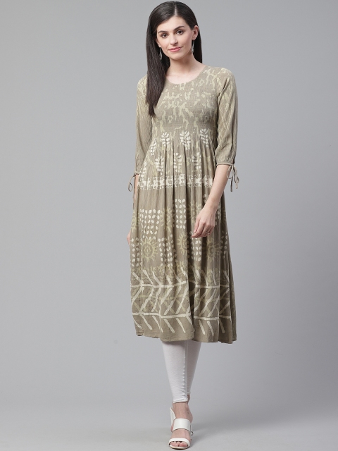 AHIKA Women Taupe & Off-White Printed A-Line Kurta