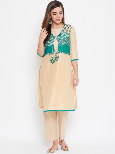 TULIP 21 Women Beige & Teal Green Screen Print Yoke Design Handloom Kurta with Trousers, Gold
TULIP 21 Women Beige & Teal Green Screen Print Yoke Design Handloom Kurta with Trousers, Gold