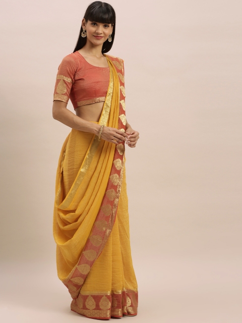 MIMOSA Mustard Yellow & Red Art Silk Solid Kanjeevaram Saree
