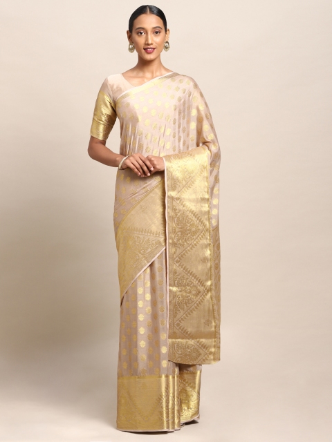 Mitera Peach-Coloured & Gold-Toned Poly Chiffon Woven Design Banarasi Saree