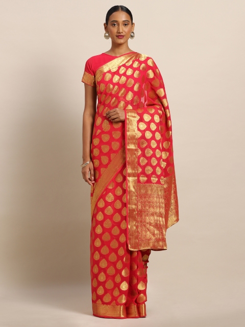 Mitera Coral & Gold-Toned Poly Chiffon Woven Design Banarasi Saree