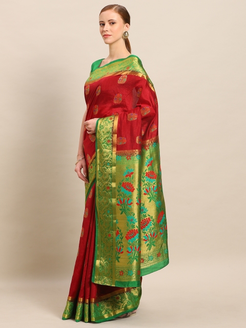 Mitera Maroon & Green Art Silk Embellished Dharmavaram Saree