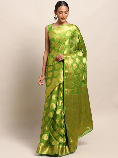 Mitera Green & Gold-Toned Poly Crepe Woven Design Mysore Silk Saree