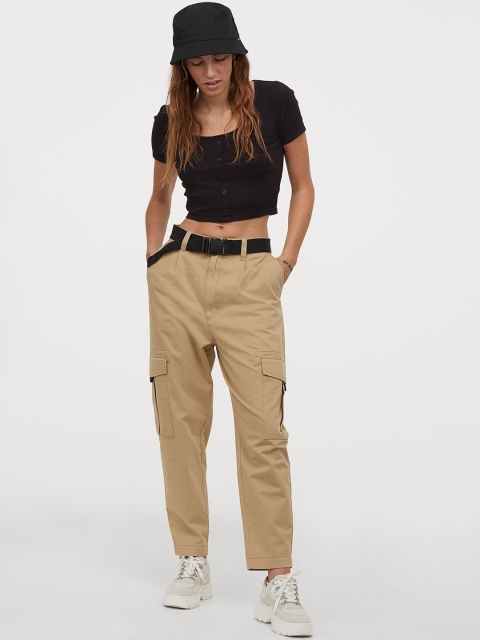 H&M Women Beige Solid Belted Cargo Trousers