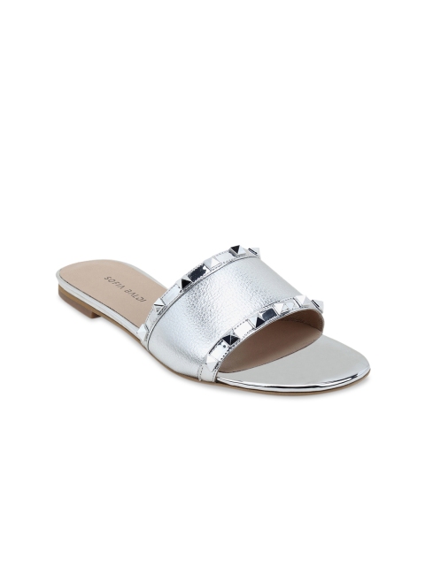 SOFIA BALDI Women Silver-Toned Embellished Leather Open Toe Flats