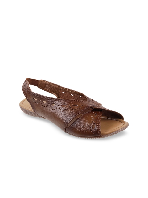 Metro Women Brown Solid Leather Open Toe Flats