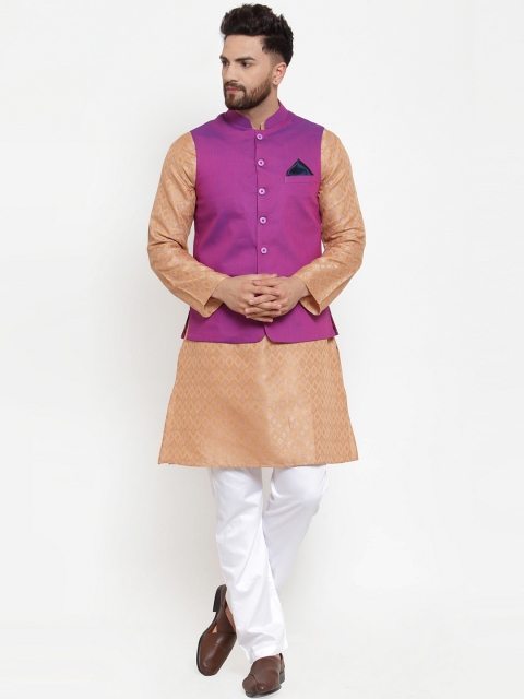NEUDIS Men Beige & Purple Self Design Kurta with Pyjamas