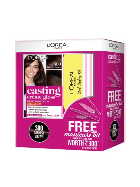 LOreal Paris Women Casting Creme Gloss Hair Colour with Manicure Kit - Darkest Brown 300
LOreal Paris Women Casting Creme Gloss Hair Colour with Manicure Kit - Darkest Brown 300