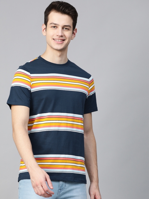 Mast & Harbour Men Navy Blue & Mustard Yellow Striped Round Neck T-shirt