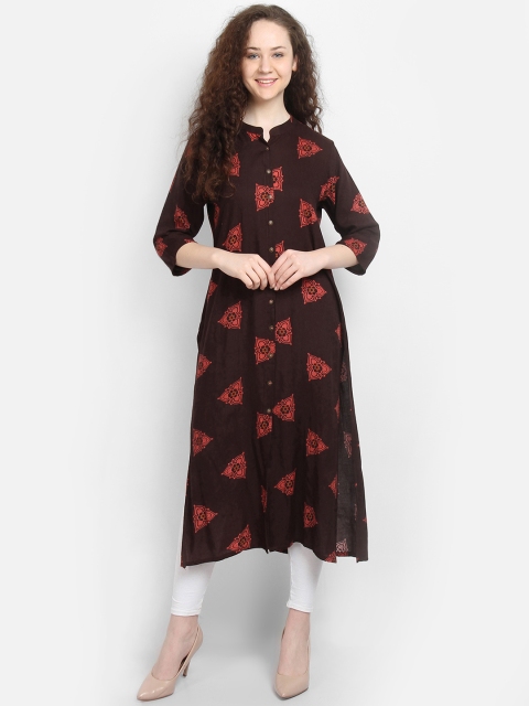 La Bele Women Brown & Orange Floral Print Straight Kurta