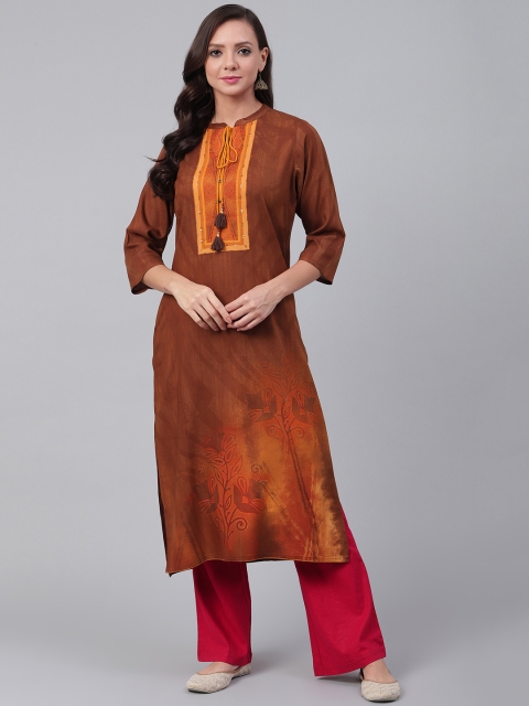 Shree Women Brown Printed Straight Kurta