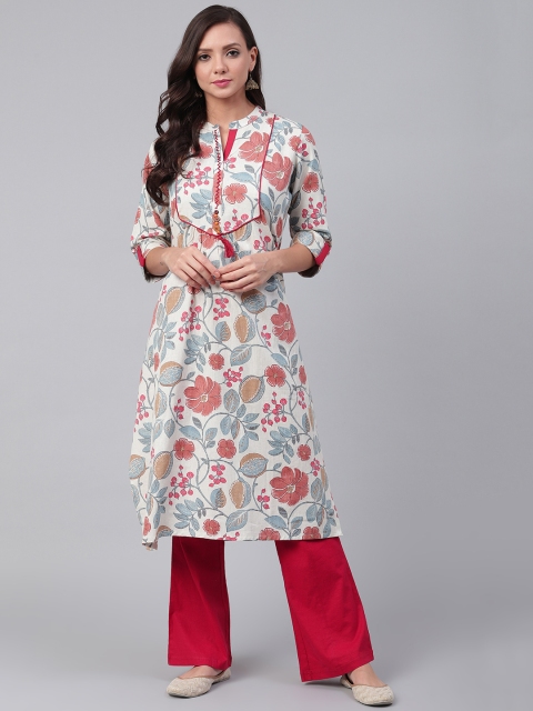 Shree Women Off-White & Pink Floral Print Straight Kurta