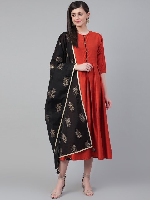 Shree Women Rust Orange Solid Maxi Dress With Dupatta