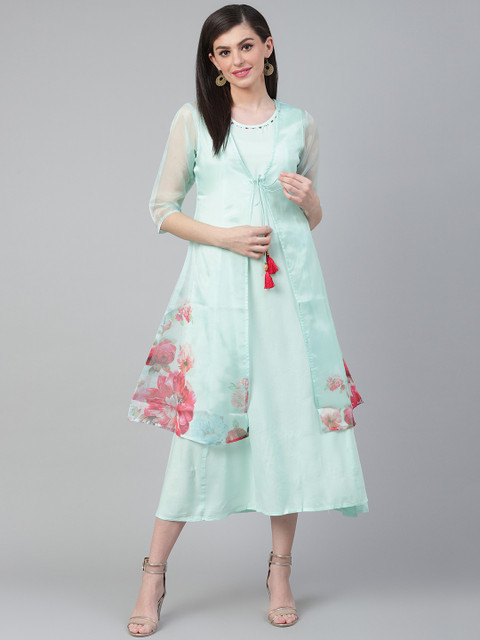 Shree Women Green Solid Maxi Dress With Jacket 
Shree Women Green Solid Maxi Dress With Jacket