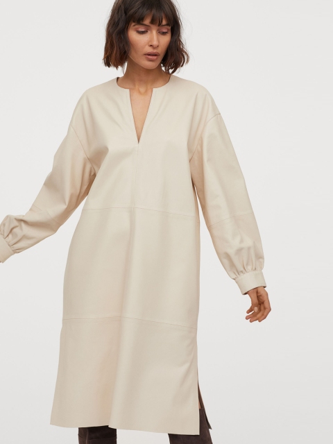 H&M Women Beige Solid Wide Leather Tunic