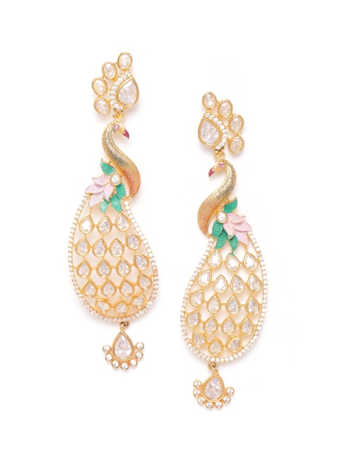 JEWELS GEHNA Peach-Coloured Gold-Plated Handcrafted AD Stones Peacock-Shaped Drop Earrings
JEWELS GEHNA Peach-Coloured Gold-Plated Handcrafted AD Stones Peacock-Shaped Drop Earrings